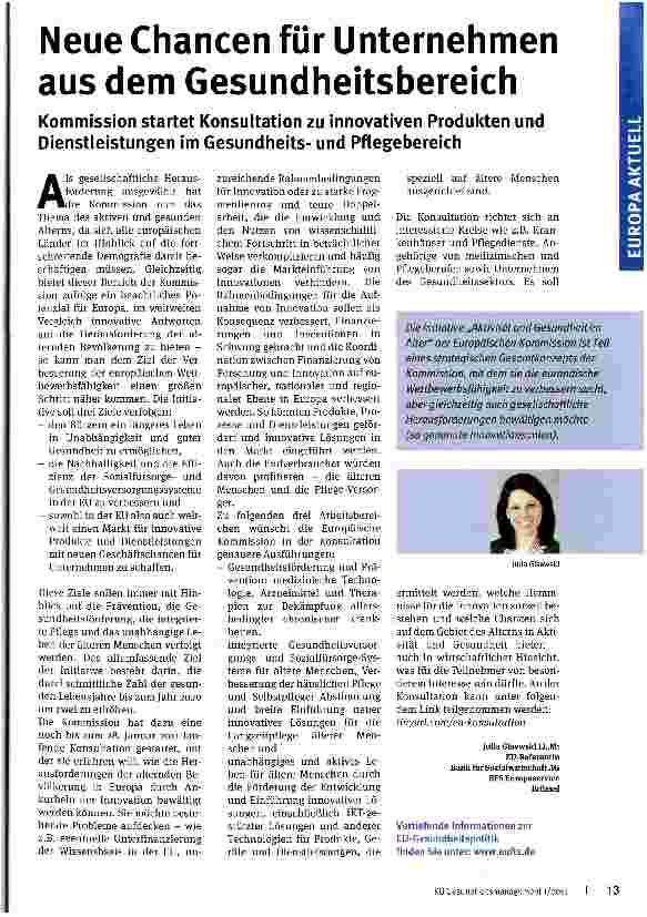 Vorschauseite 1: Neue Chancen für Unternehmen aus dem GesundheitsbereichKommission startet Konsultation zu innovativen Produkten und Dienstleistungen im Gesundheitsund Pflegebereich