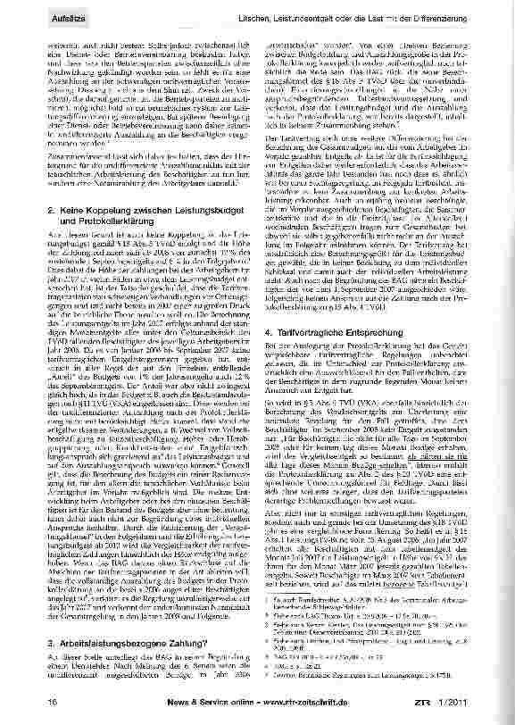 Vorschauseite 2: Leistungsentgelt oder die Last mit der DifferenzierungBesprechung des Urteils des Bundesarbeitsgerichts vom 23.September 2010-6 AZR 338/09 - (in diesem Heft S.31)