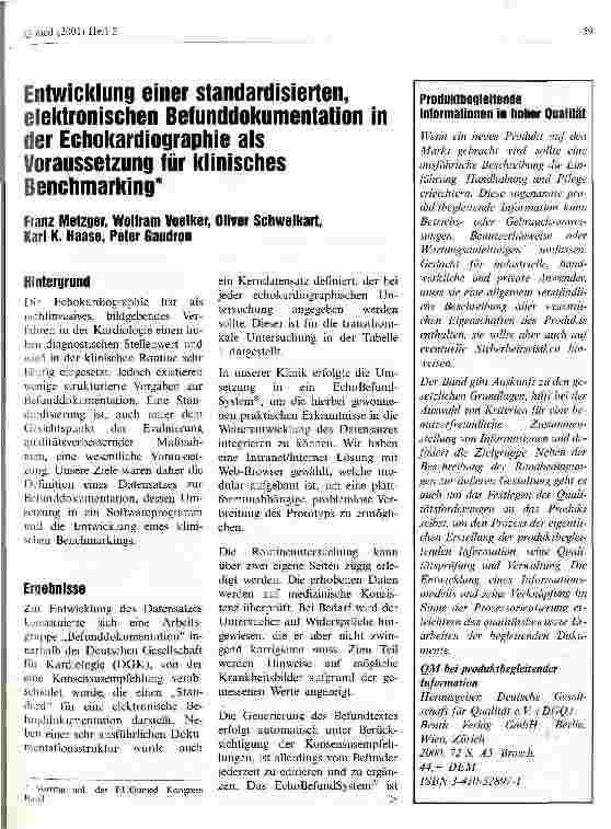 Vorschauseite 1: Entwicklung einer standardisierten, elektronischen Befunddokumentation in der Echokardiographie als Voraussetzung für klinisches Benchmarking