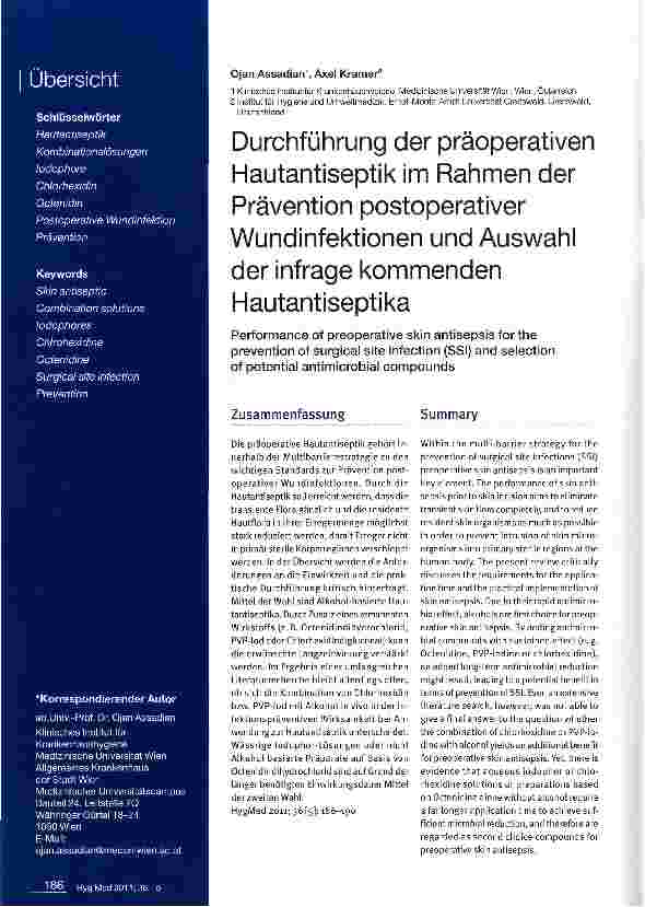 Vorschauseite 1: Durchführung der präoperativen Hautantiseptik im Rahmen der Prävention postoperativer Wundinfektionen und Auswahl der infrage kommenden Hautantiseptika