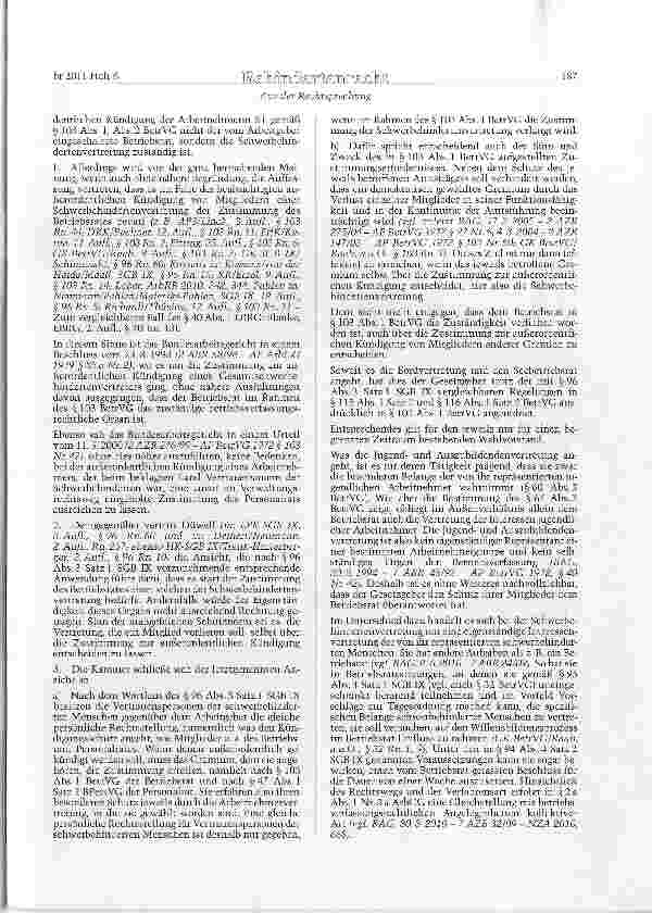Vorschauseite 3: SGB IX § 96 Abs. 3 Satz 1- BetrVG § 103 Außerordentliche Kündigung - Vertrauensperson - Zustimmung - Zuständigkeit - Betriebsrat