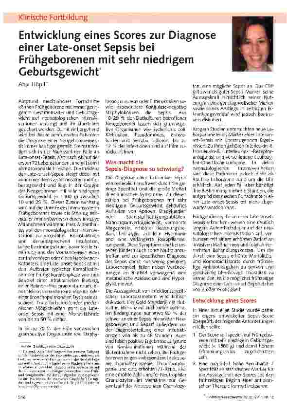 Vorschauseite 1: Entwicklung eines Scores zur Diagnose einer Late-onset Sepsis bei Frühgeborenen mit sehr niedrigem Geburtsgewicht