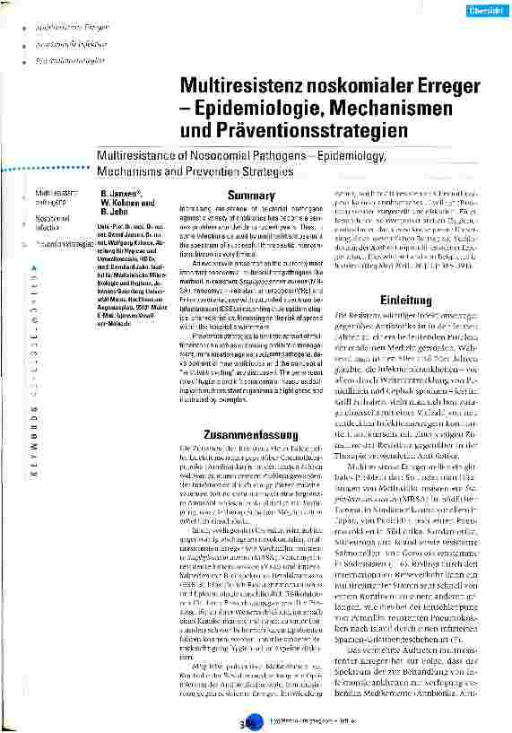 Vorschauseite 1: Multiresistenz noskomialer Erreger - Epidemiologie, Mechanismen und Präventionsstrategien