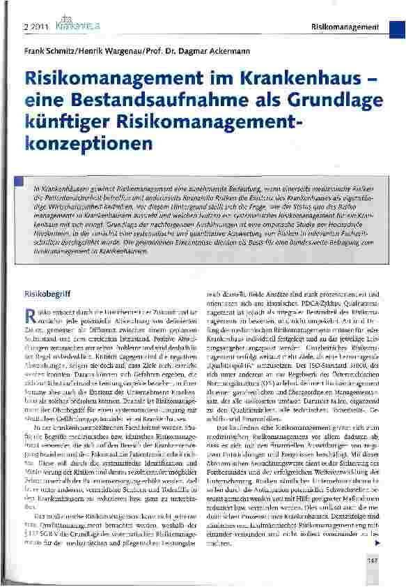 Vorschauseite 1: Risikomanagement im Krankenhaus -eine Bestandsaufnahme als Grundlage künftiger Risikomanagementkonzeptionen