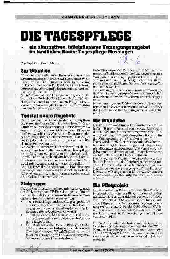 Vorschauseite 1: Die Tagespflege - ein alternatives, teilstationäres Versorgungsangebot im ländlichen Raum: Tagespflege Mössingen