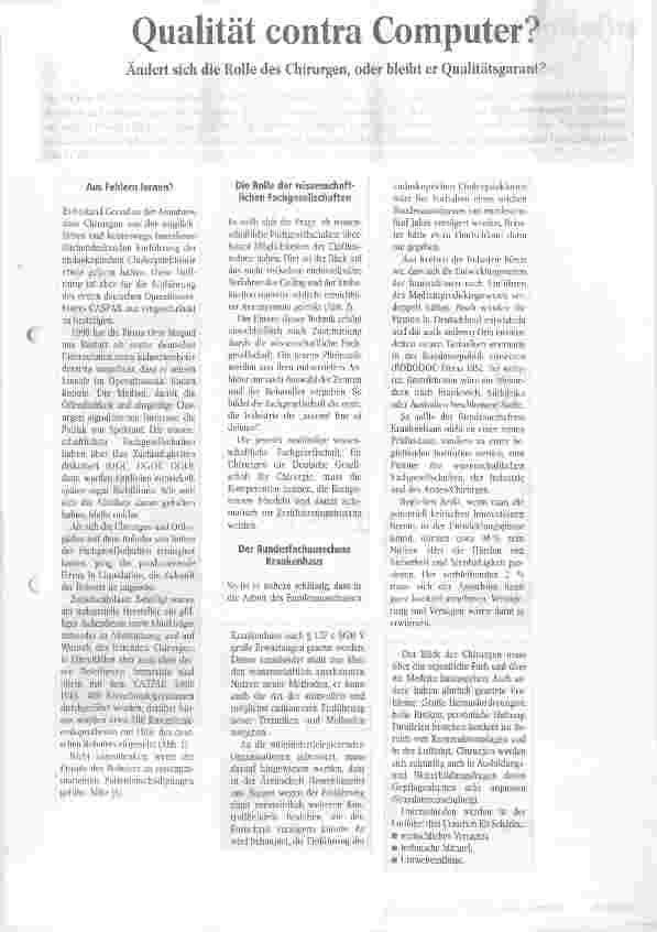 Vorschauseite 1: Qualität contra Computer? Ändert sich die Rolle des Chirurgen, oder bleibt er Qualitätsgarant?