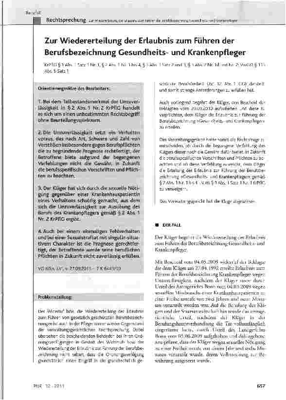 Vorschauseite 1: Zur WiedererteiLung der Erlaubnis zum Führen der Berufsbezeichnung Gesundheitsund Krankenpfleger KrPflG § 1 Abs. 1 Satz 1 Nr. 1, §2Abs. 1 Nr. 1 bis 4, §3 Abs. 1 Satz 2 und 3, § 3…