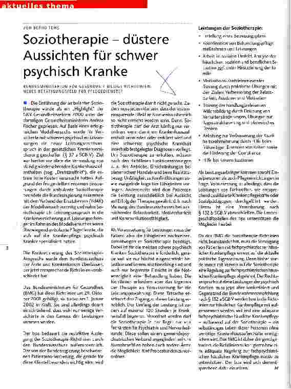 Vorschauseite 1: Soziotherapie - düstere Aussichten für schwer psychisch Kranke Bundesministerium für Gesundheit billigt Richtlinien