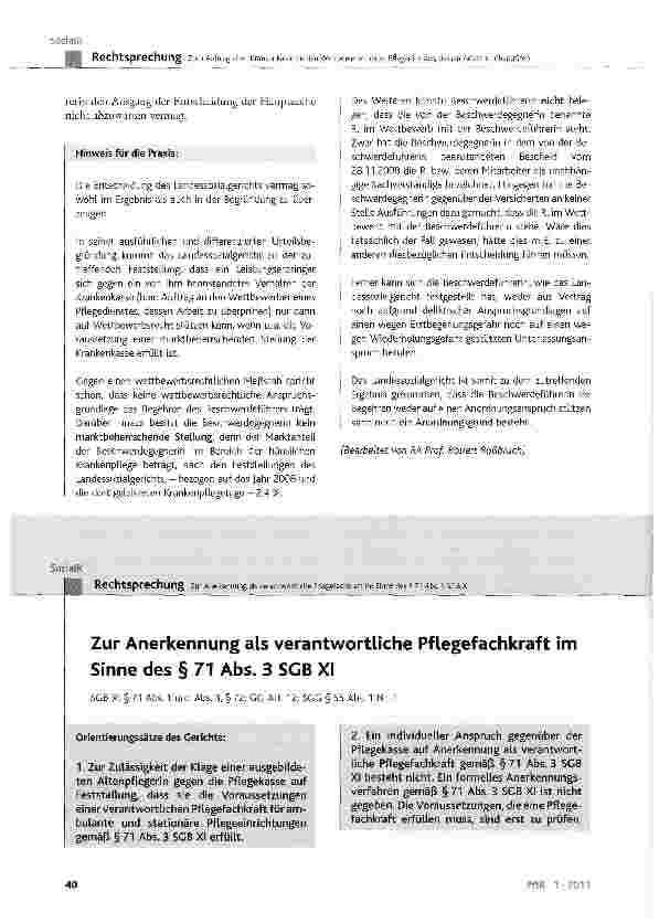 Vorschauseite 1: Zur Anerkennung als verantwortliche Pflegefachkraft im Sinne des § 71 Abs. 3 SGB XISGB XI § 71 Abs. 1 und Abs. 3, § 72; CG Art. 12; SGG § 55 Abs. 1 Nr. 1