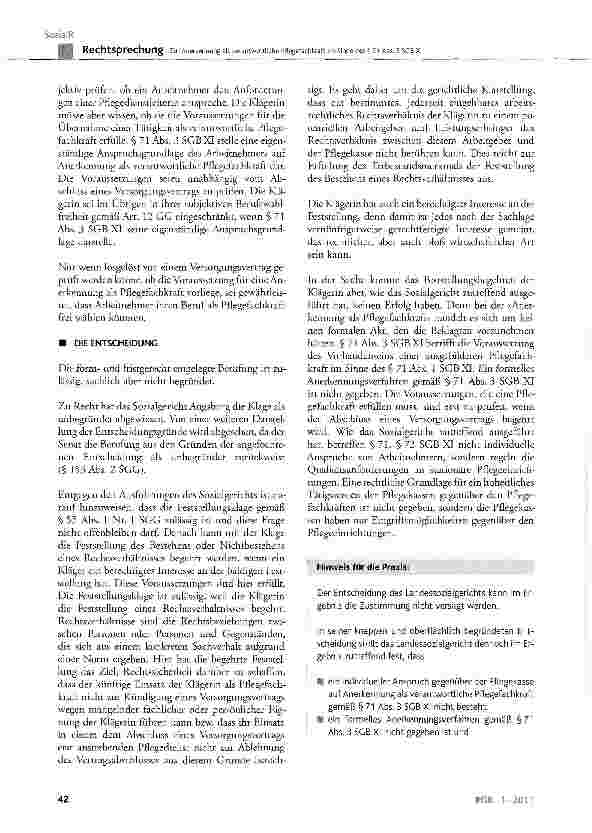 Vorschauseite 3: Zur Anerkennung als verantwortliche Pflegefachkraft im Sinne des § 71 Abs. 3 SGB XISGB XI § 71 Abs. 1 und Abs. 3, § 72; CG Art. 12; SGG § 55 Abs. 1 Nr. 1