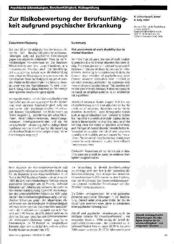 Vorschauseite 1: Zur Risikobewertung der Berufsunfähigkeit aufgrund psychischer Erkrankung