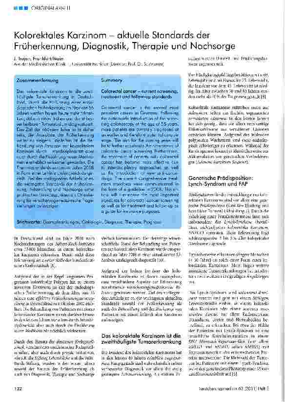 Vorschauseite 1: Kolorektales Karzinom - aktuelle Standards der Früherkennung, Diagnostik, Therapie und Nachsorge
