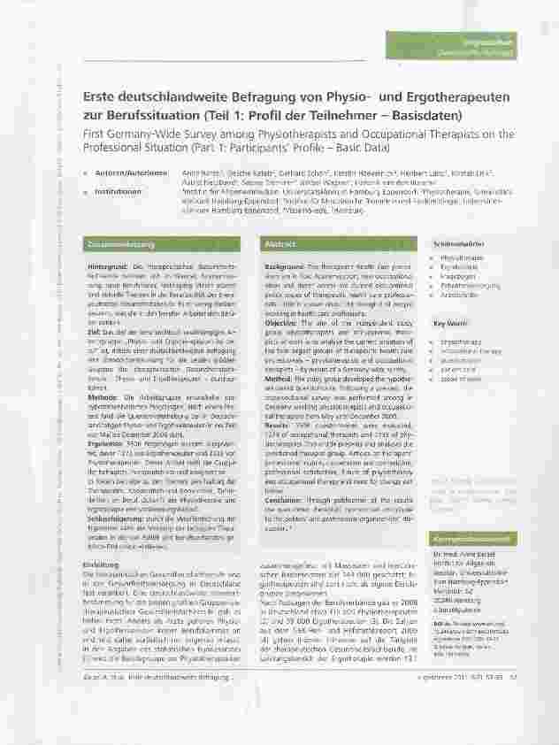 Vorschauseite 1: Erste deutschlandweite Befragung von Physiound Ergotherapeutenzur Berufssituation (Teil 1: Profil der Teilnehmer Basisdaten)