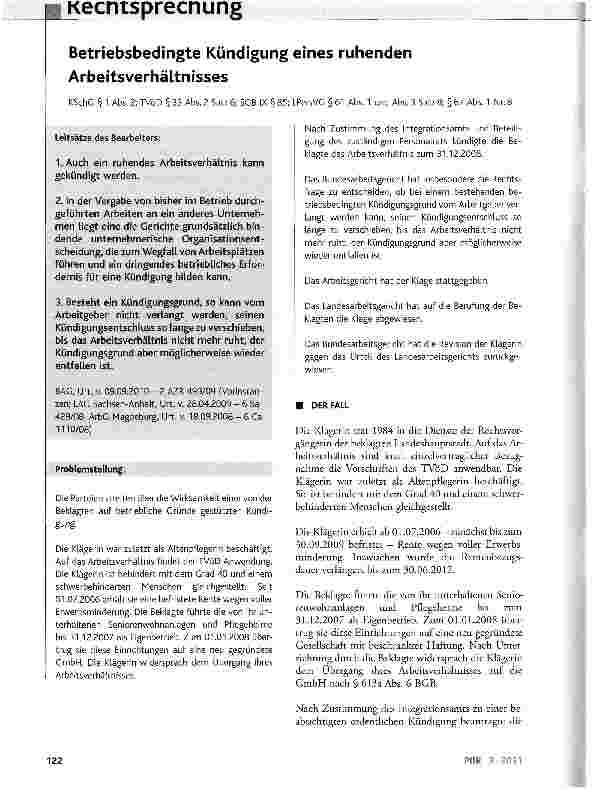 Vorschauseite 1: Betriebsbedingte Kündigung eines ruhenden Arbeitsverhältnisses KSchG§1 Abs.2;TVöD§33 Abs. 2 Satz 6; SCB IX §85; LPersVG §61 Abs. 1 und Abs. 3 Satz 8; § 67 Abs. 1 Nr. 8