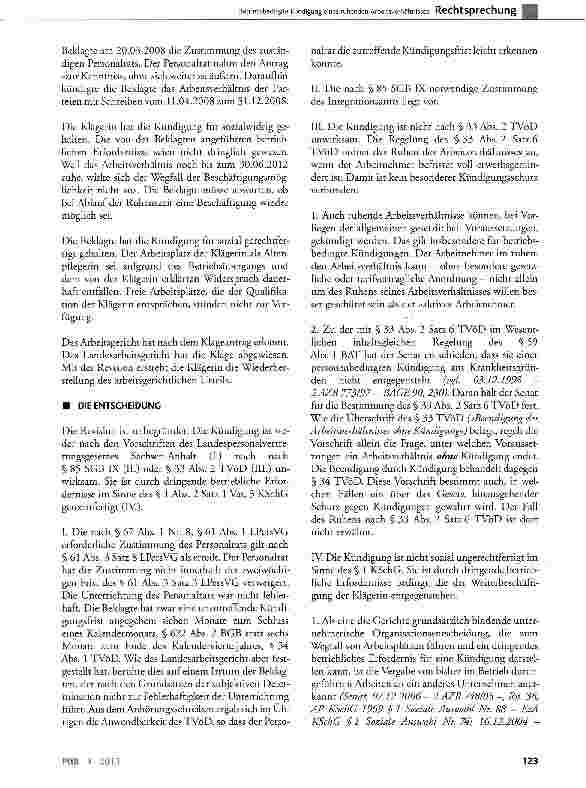 Vorschauseite 2: Betriebsbedingte Kündigung eines ruhenden Arbeitsverhältnisses KSchG§1 Abs.2;TVöD§33 Abs. 2 Satz 6; SCB IX §85; LPersVG §61 Abs. 1 und Abs. 3 Satz 8; § 67 Abs. 1 Nr. 8