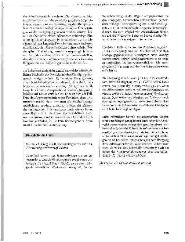 Vorschauseite 4: Betriebsbedingte Kündigung eines ruhenden Arbeitsverhältnisses KSchG§1 Abs.2;TVöD§33 Abs. 2 Satz 6; SCB IX §85; LPersVG §61 Abs. 1 und Abs. 3 Satz 8; § 67 Abs. 1 Nr. 8