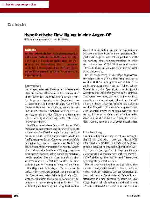 Vorschauseite 1: Hypothetische Einwilligung in eine Augen-OP OLG Naumburg vom 17.2.2011 (1 U 89/10}