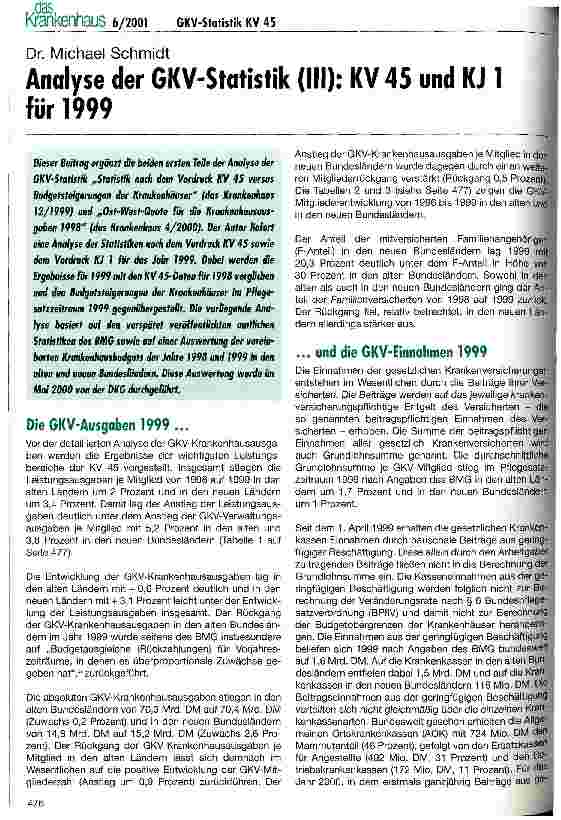 Vorschauseite 1: Analyse der GKV-Statistik (III): KV 45 und KJ 1 für 1999