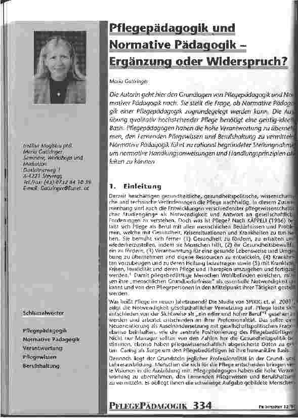 Vorschauseite 1: Pflegepädagogik und Normative Pädagogik - Ergänzung oder Widerspruch?