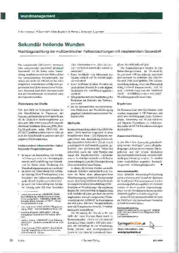 Vorschauseite 1: Sekundär heilende Wunden Nachbegutachtung der multizentrischen Fallbeobachtungen mit naszierendem Sauerstoff