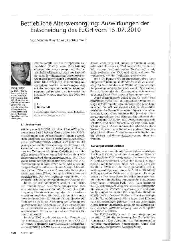 Vorschauseite 1: Betriebliche Altersversorgung: Auswirkungen der Entscheidung des EuGH vom 15.07.2010