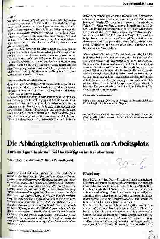 Vorschauseite 1: Die Abhängigkeitsproblematik am Arbeitsplatz Auch und gerade aktuell bei Beschäftigten im Krankenhaus