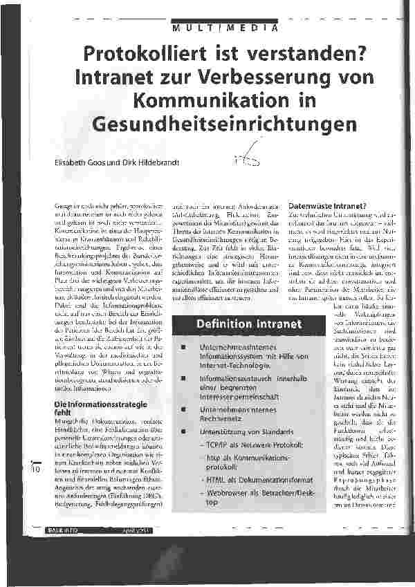 Vorschauseite 1: Protokolliert ist verstanden? Intranet zur Verbesserung von Kommunikation in Gesundheitseinrichtungen