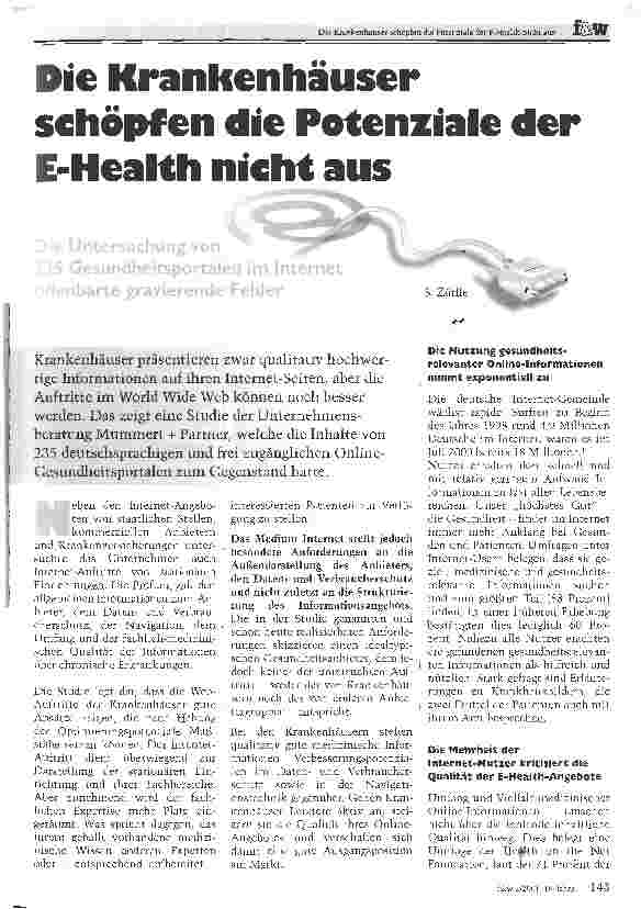 Vorschauseite 1: Die Krankenhauser schöpfen die Potenziale der E-Health nicht aus.Die Untersuchung von 235 Gesundheitsportalen im Internet offenbarte gravierende Fehler.