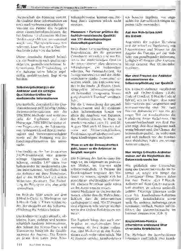 Vorschauseite 2: Die Krankenhauser schöpfen die Potenziale der E-Health nicht aus.Die Untersuchung von 235 Gesundheitsportalen im Internet offenbarte gravierende Fehler.