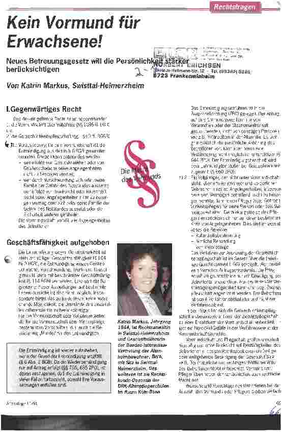 Vorschauseite 1: Kein Vormund für Erwachsene! Neues Betreuungsgesetz will die Persönlichkeit stärker berücksichtigen