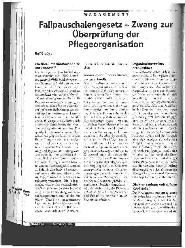 Vorschauseite 1: Fallpauschalengesetz - Zwang zur Überprüfung der Pflegeorganisation