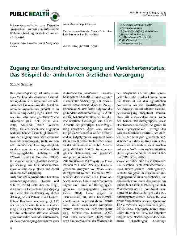 Vorschauseite 1: Zugang zur Gesundheitsversorgung und Versichertenstatus: Das Beispiel der ambulanten ärztlichen Versorgung