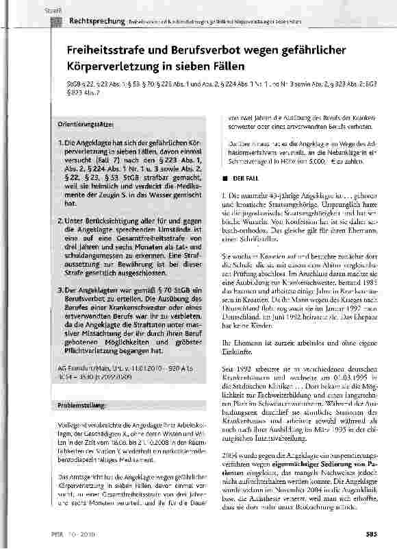 Vorschauseite 1: Freiheitsstrafe und Berufsverbot wegen gefährlicher Körperverletzung in sieben Fällen