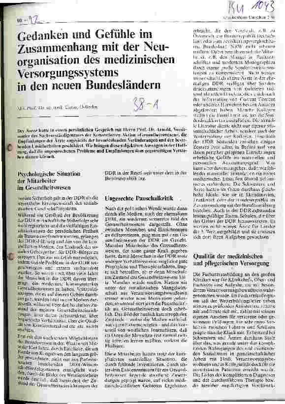 Vorschauseite 1: Gedanken und Gefühle im Zusammenhang mit der Neuorganisation des medizinischen Versorgungssystems in den neuen Bundesländern