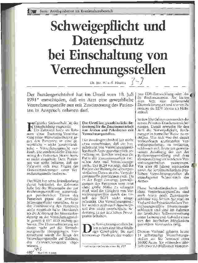 Vorschauseite 1: Schweigepflicht und Datenschutz bei Einschaltung von Verrechnungsstellen