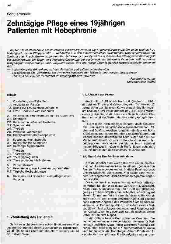 Vorschauseite 1: Zehntägige Pflege eines 19jährigen Patienten mit Hebephrenie