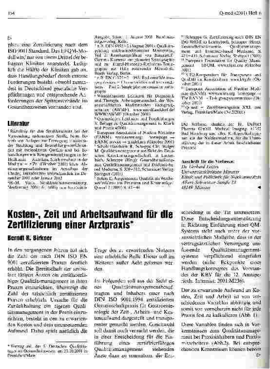 Vorschauseite 1: Kosten-, Zeit und Arbeitsaufwand für die Zertifizierung einer Arztpraxis