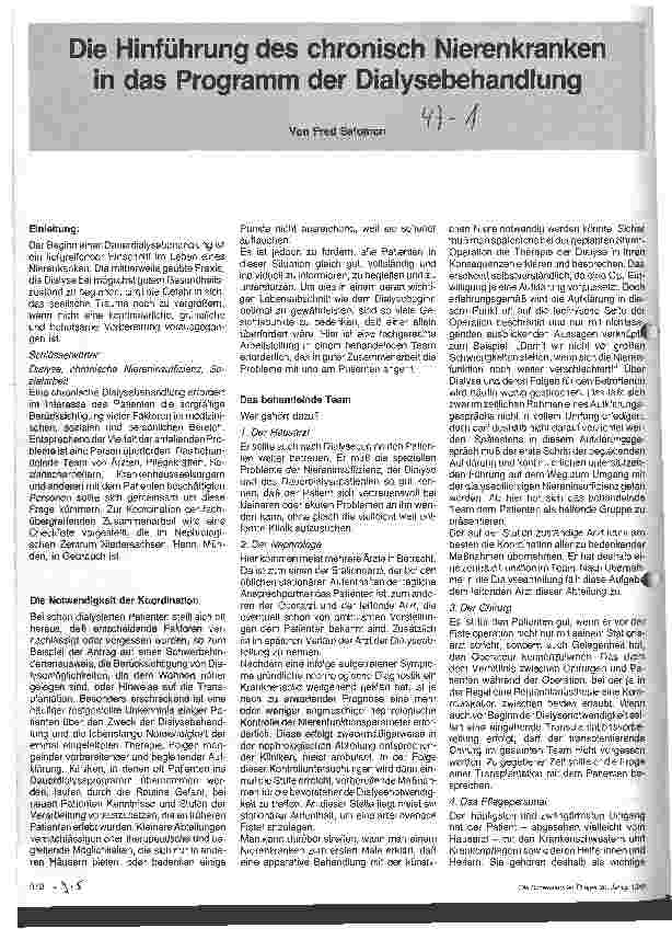 Vorschauseite 1: Die Hinführung des chronisch Nierenkranken in das Programm der Dialysebehandlung