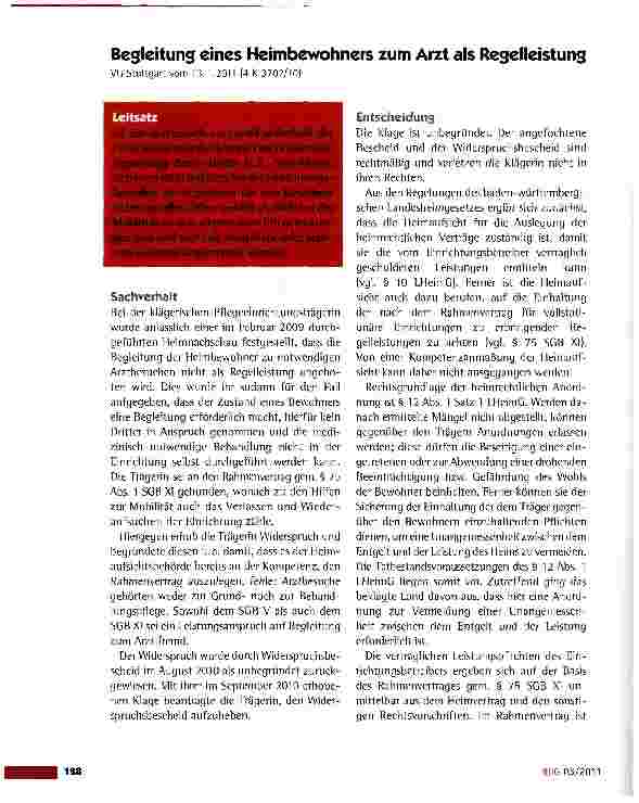 Vorschauseite 1: Begleitung eines Heimbewohners zum Arzt als RegelleistungVG Stuttgart vom 13.1.2011 (4 K 3702/10)