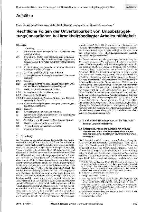 Vorschauseite 1: Rechtliche Folgen der Unverfallbarkeit von Urlaubs(abgel-tungs)ansprüchen bei krankheitsbedingter Arbeitsunfähigkeit