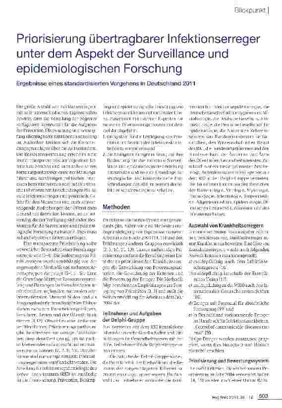 Vorschauseite 1: Priorisierung übertragbarer Infektionserreger unter dem Aspekt der Surveillance und epidemiologischen Forschung
