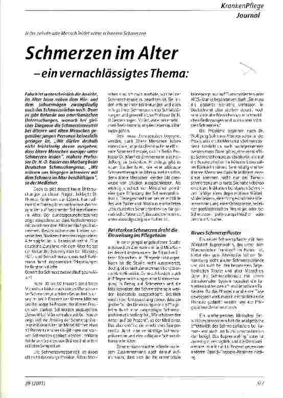 Vorschauseite 1: Schmerzen im Alter - ein vernachlässigtes Thema Jeder zehnte alte Mensch leidet unter schweren Schmerzen
