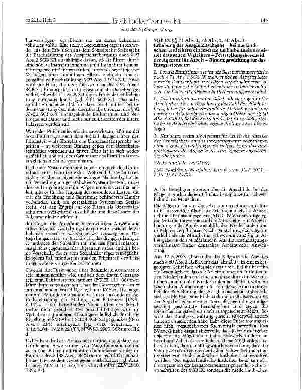 Vorschauseite 1: SGB IX §§ 71 Abs. 1, 73 Abs. 1, 80 Abs. 3 Erhebung der Ausgleichsabgabe - bei ausländischen Entleihern eingesetzte Leiharbeitnehmer eines deutschen Verleihers - Feststellungsbesch…