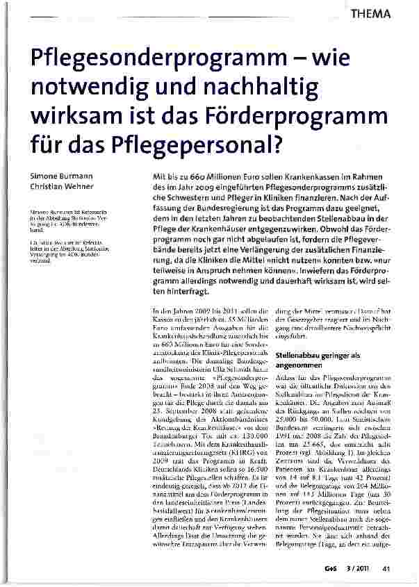 Vorschauseite 1: Pflegesonderprogramm -wie notwendig und nachhaltig wirksam ist das Förderprogramm für das Pflegepersonal?