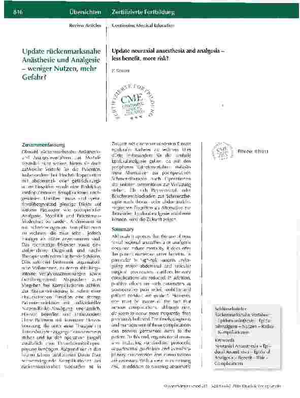 Vorschauseite 1: Update rückenmarksnahe Anästhesie und Analgesie - weniger Nutzen, mehr Gefahr?