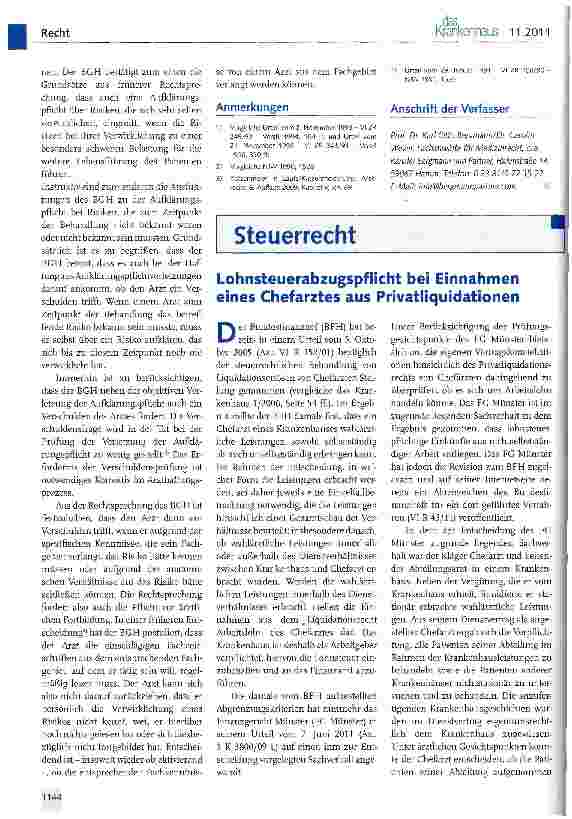 Vorschauseite 1: Lohnsteuerabzugspflicht bei Einnahmen eines Chefarztes aus Privatliquidationen