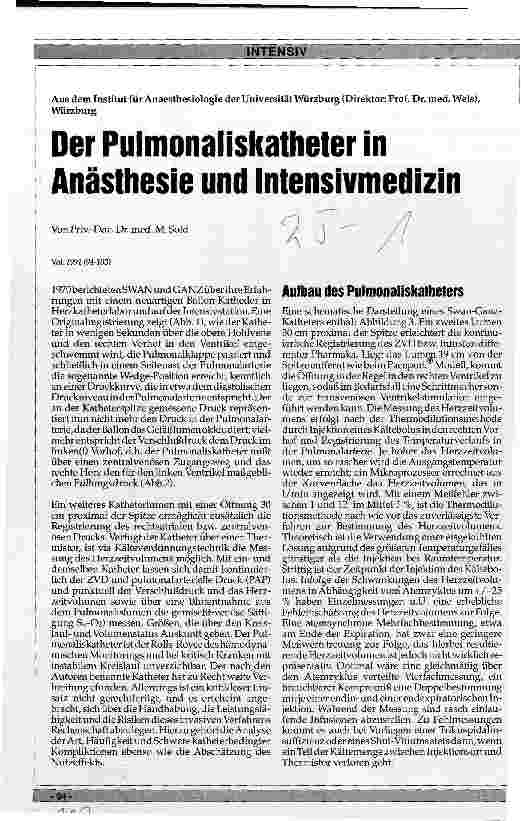 Vorschauseite 1: Der Pulmonaliskatheter in Anästhesie und Intensivmedizin