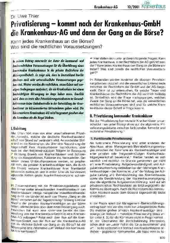 Vorschauseite 1: Privatisierung - kommt nach der Krankenhaus-GmbH die Krankenhaus-AG und dann der Gang an die Börse?