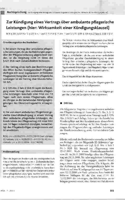 Vorschauseite 1: Zur Kündigung eines Vertrags über ambulante pflegerische Leistungen (hier: Wirksamkeit einer Kündigungsklausel)