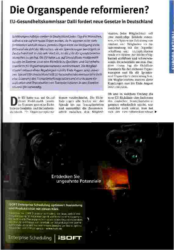 Vorschauseite 1: Die Organspende reformieren?EU-Gesundheitskommissar Dalli fordert neue Gesetze in Deutschland